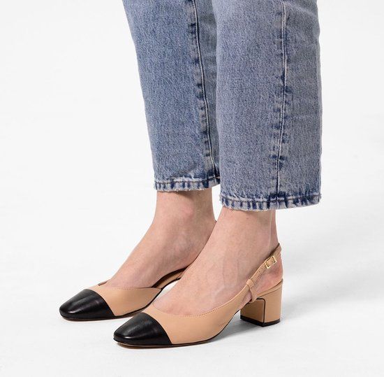 Manfield - Beige leren slingback pumps - Maat 39 - Dames - Lente/Zomer 2025