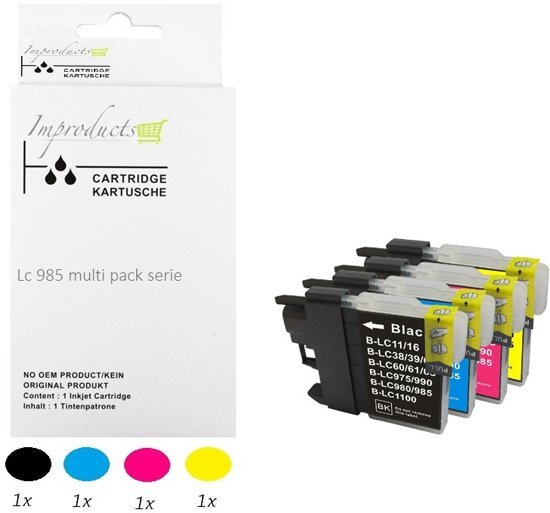 Improducts Â® Huismerk Inktcartridge Alternatief Brother LC985 / LC-985/ 985 Inktcartridges set van 4 Stuks (1x LC985 BK zwart, 1x LC985 C cyaan, 1x LC985 M magenta, 1x LC985 Y geel) = 1x Multipack
