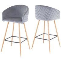 HWC-D72 Set van 2 barkrukken met rugleuning, aanrechtkruk keukenkruk, metaal houtlook ~ fluweel, grijs