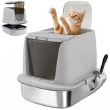 PawHut Kattenbak RVS met deksel XL 52,4 x 41,3 x 39,8 cm Lichtgrijs