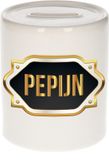 Bellatio Decorations Shoppartners Bv Spaarpot met voornaam Pepijn - wit - met goud/zwart embleem - 8 x 9 cm - keramiek - met afsluitdop - cadeau verjaardag