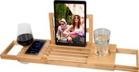Alpina Verstelbare Badplank - Badrek 50-92 x 18 x 4 cm - Bad Plank Bamboe met Boekensteun en Tablethouder - Incl. Bekerhouders