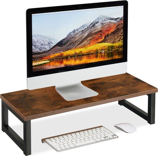 Relaxdays monitorstandaard - industrieel - 15 x 55 x 23 cm - beeldscherm verhoger - bruin-zwart