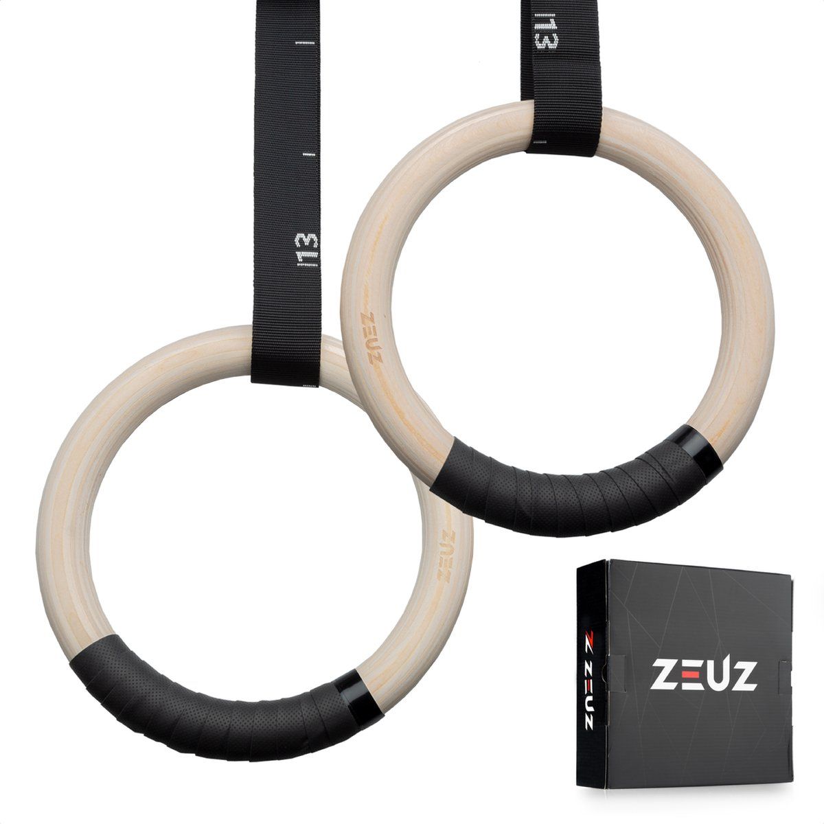 ZEUZ ZEUZ® Houten Turnringen voor Fitness, Crossfit & Calisthenics - Gymnastiek Ringen Hout - Krachttraining - Incl. Ophangbanden & Antislip Tape