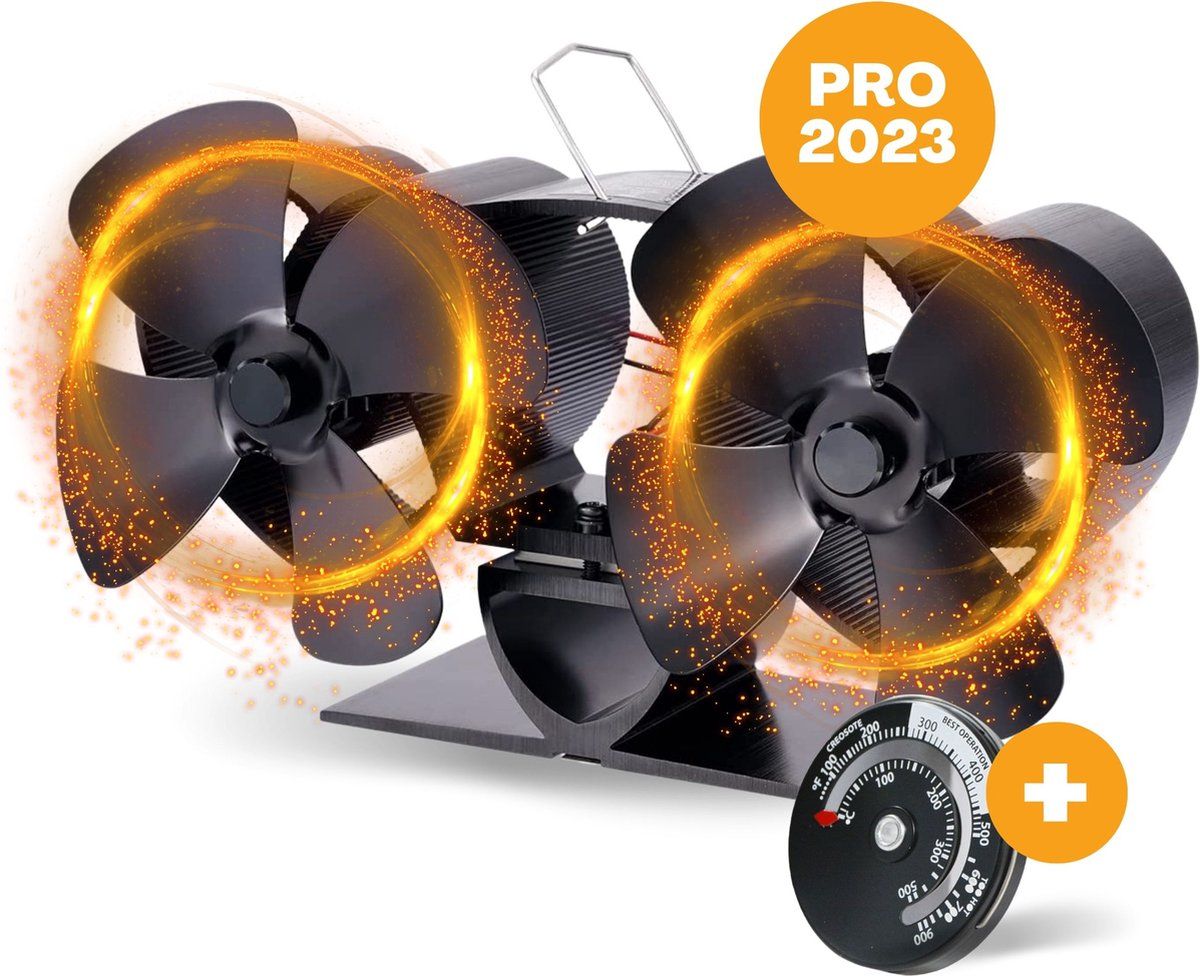 Vulpes Tech® Kachelventilator voor Houtkachel - Haardventilator - Ecofan - Warmte Ventilator - 8 Bladen & 2 Ventilatoren - Incl. Thermometer & Stofdoek - PRO versie