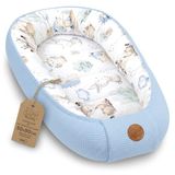 Totsy baby Babynestje Pasgeborene 50x90cm – Babynest behaaglijk Katoen & Wafel – zacht ademend en knus Nestje comfortabel voor Ledikant Wieg Kinderwagen Babykamer en Onderweg Dieren Blauw