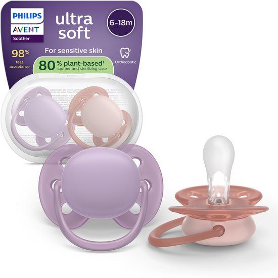 Philips Avent Ultra Soft – Superzachte siliconen fopspeen (6-18 mnd) – Voor gevoelige huid – 2 stuks - SCF091/43