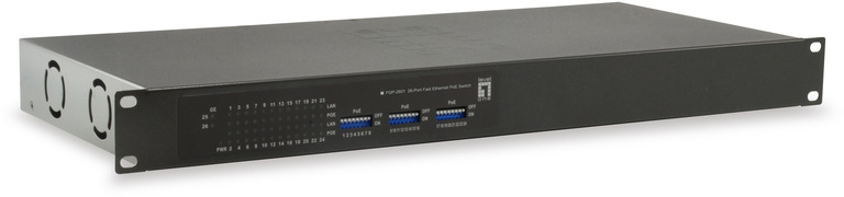 LevelOne 26-Port Fast Ethernet PoE Switch, 24 PoE Outputs, 2 x Gigabit RJ45, 380W