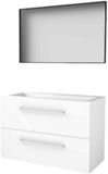 Basic-Line Framed 46 Badkamermeubelset - 100 x 46 cm - Met Grepen - 2 Lades - Acryl Wastafel - 1 Kraangat - Spiegel met Zwart Aluminium Frame - Ice White