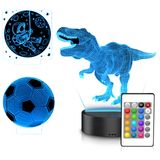 MyBeo Lampe de chevet LED, lampe à illusion 3D avec support de table, avec 3 motifs : dinosaure, football et lune, 16 couleurs, 4 modes, télécommande et capteur tactile, dimmable, fonctionne sur USB ou piles, 19 cm de haut