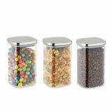 Relaxdays Voorraadpot met Deksel, Set van 3, 1200 ml, Rechthoekige Opbergpotten, Luchtdicht, Transparant/Zilver