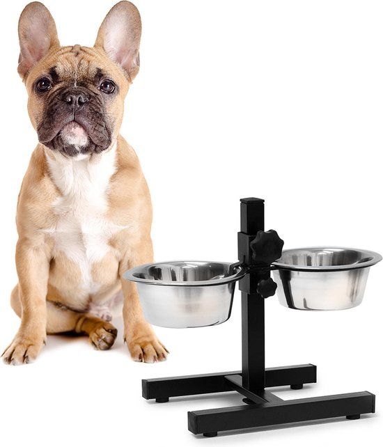 Relaxdays 2 voederbakken met standaard - Voerbak voor Honden - RVS - Zilver/Zwart