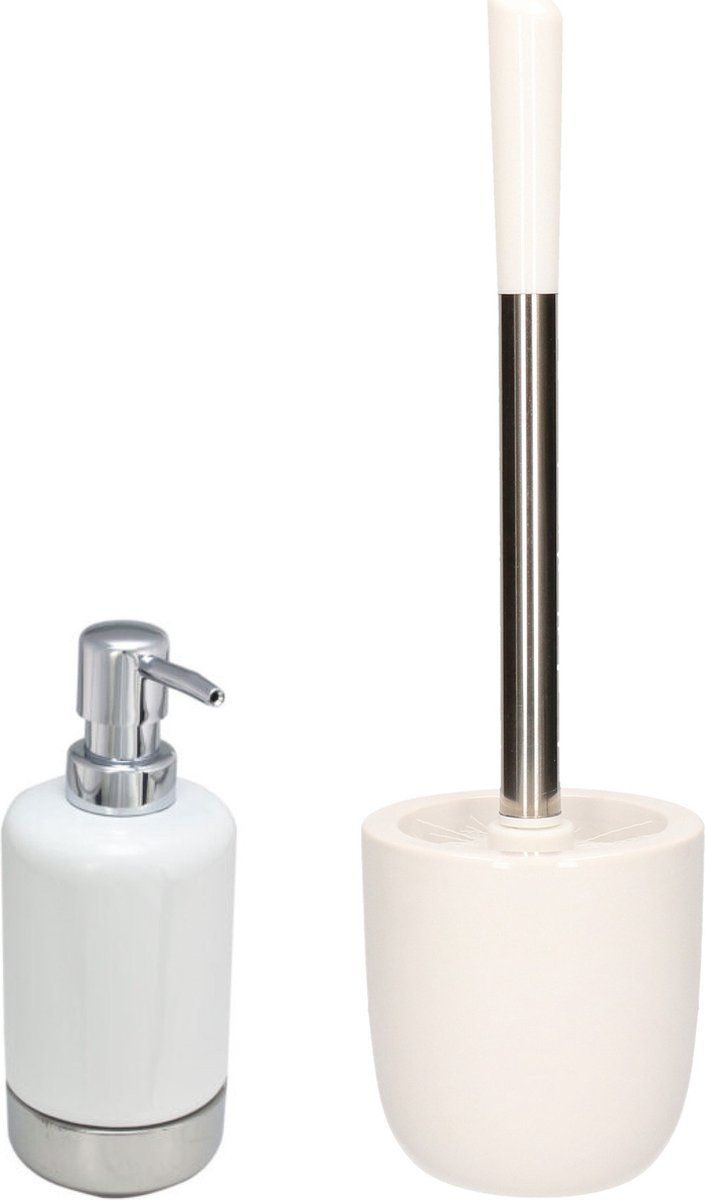WC-/toiletborstel houder dolomiet/metaal wit met zeeppompje 300 ml