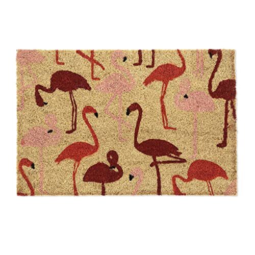 Relaxdays deurmat kokos, met flamingo's, 40 x 60 cm, slipvaste onderzijde, voetmat voor binnen en buiten, natuur/rood