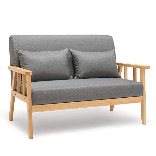 Meerveil Bank - 2-zits stoel met kussen - massief houten frame - linnen - vintage - donkergrijs