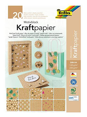 Folia 48798-10 vellen kraftpapier 120 g/m² en 10 vellen kraftkarton 230 g/m², DIN A4, effen kleuren, met motiefdruk, bindblok om te knutselen en vorm te geven