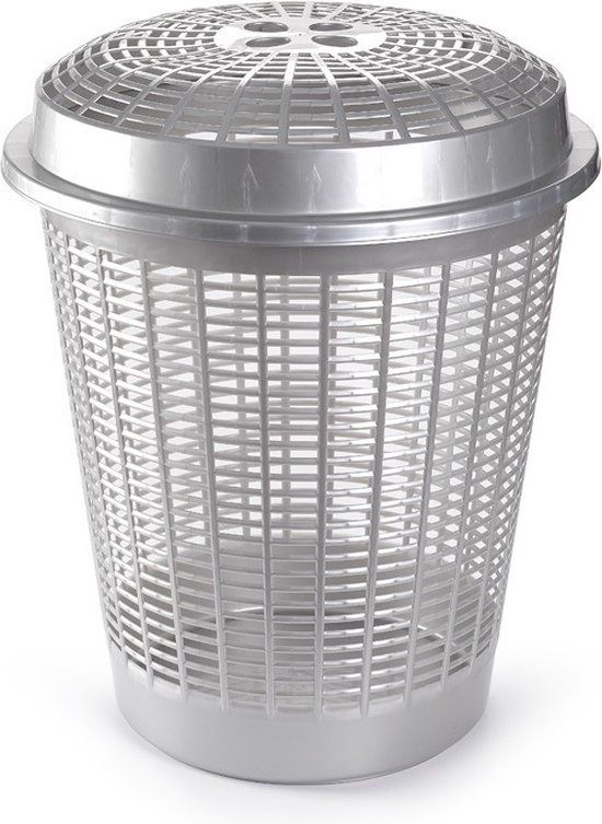 PLASTICFORTE Ronde wasmand/opbergmand met deksel - 50 liter - Zilver
