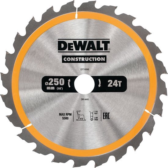 DeWalt DT1956 Construction Cirkelzaagblad - 250 x 30 x 24T - Hout (Met nagels)