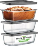 NutriChef Glazen Broodvormen – 6-delige set stapelbare bakvormen (3 vormen + 3 deksels) – Oven-, magnetron- en vaatwasserbestendig 1.8 L