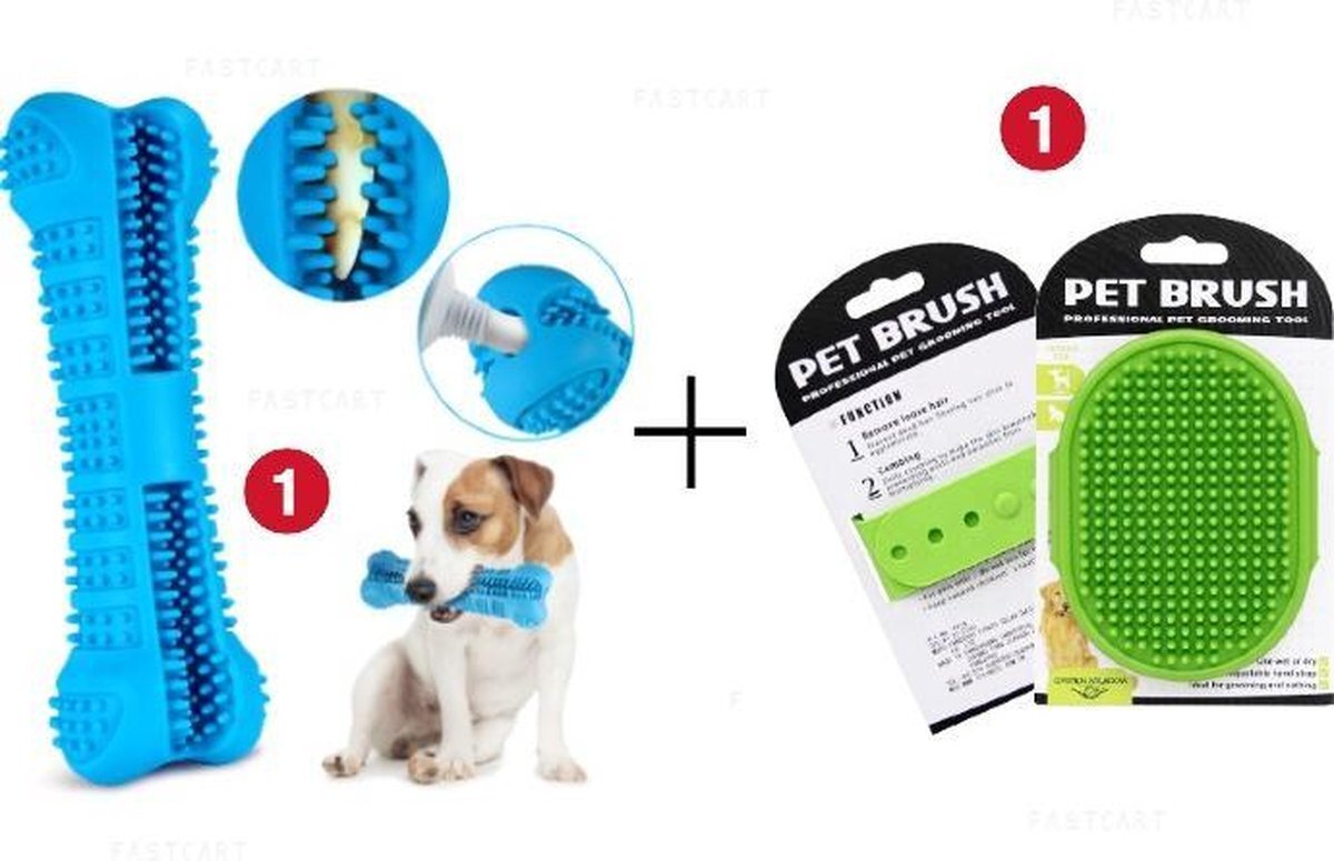 4puppy Honden Verzorgingsset - Honden Tandenborstel (Blauw) en Vachtborstel voor Hond (Groen)