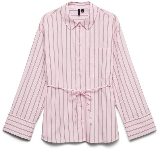 VERO MODA VMGINA BELT LS SHIRT WVN Dames Blouses Lange Mouw Katoen Gestreept Roze-A-Boo Maat 40