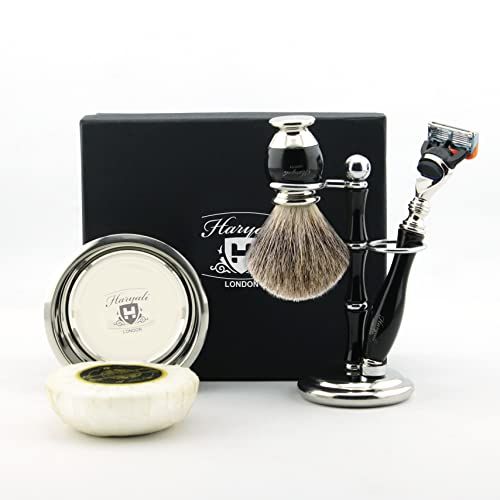 Haryali London Scheerset voor Heren - Pure Black Badger Haar, 5 Edge Razor, Scheerkom, Zeep & Borstelhouder - Cadeau Set
