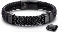 Mauro vinci® Hera Armband heren leer zwart - Schakelarmband staal zwart - 19cm tot 21.5cm verstelbaar - Met luxe verpakking