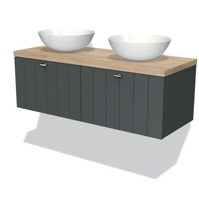 Maxaro Badkamermeubel Modulo Plato 120cm Donkergrijs 2 Lades Lamel Lichtbruin Eiken Blad