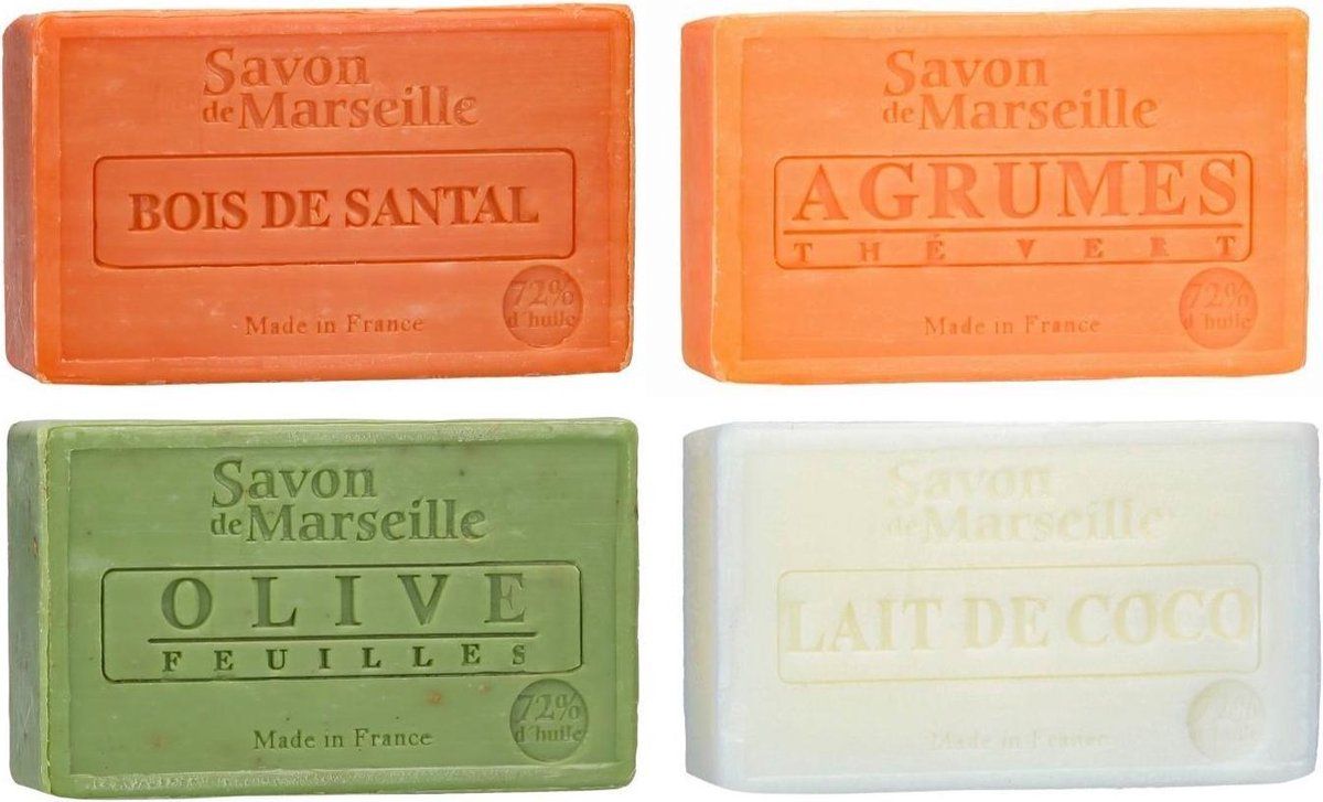 Le Chatelard 1802 Marseille zeep 4 x 100 gram in geuren sandalwood-citrus-olijf-kokos - Franse handzeep - Marseillezeep
