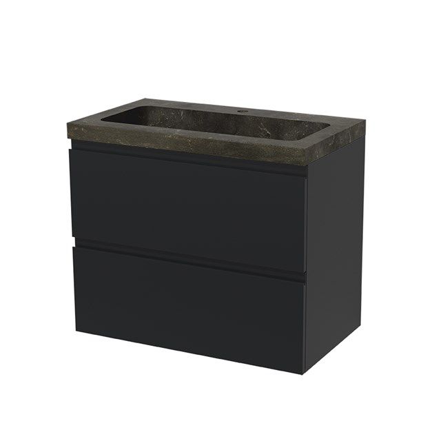 Maxaro Badkamermeubel 80cm Modulo Mat Zwart 2 lades Greeploos Wastafel Natuursteen Blue Stone