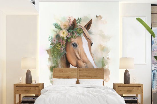 Nr1Wallpaper Fotobehang Paard Bloemen Natuur Waterverf Dieren Multicolor 195 x 260 cm - Vlies