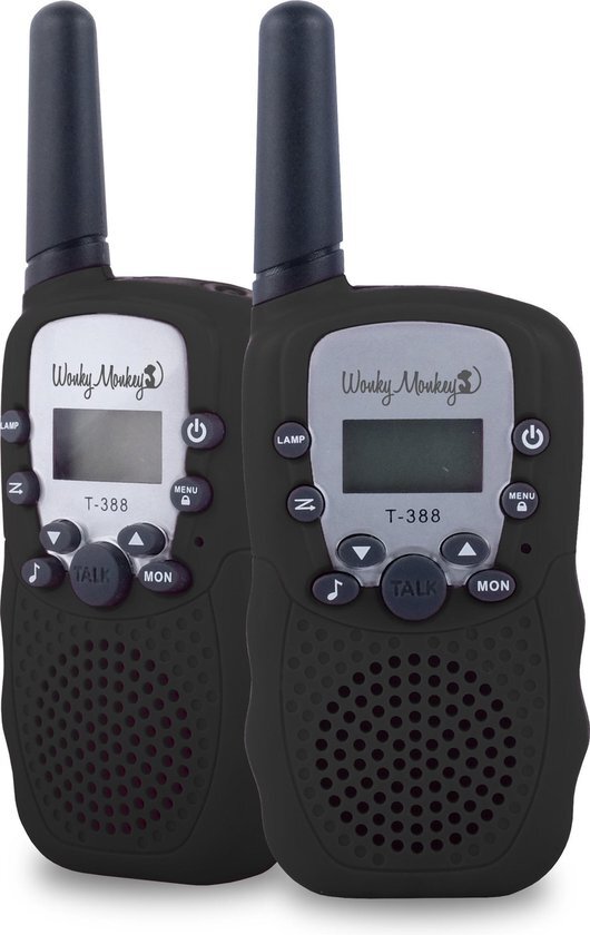 Wonky Monkey - Walkie Talkie - 3 km bereik - 10 oproeptonen - Volume regelaar - Lamp - Batterij niveau indicatie - Zwart