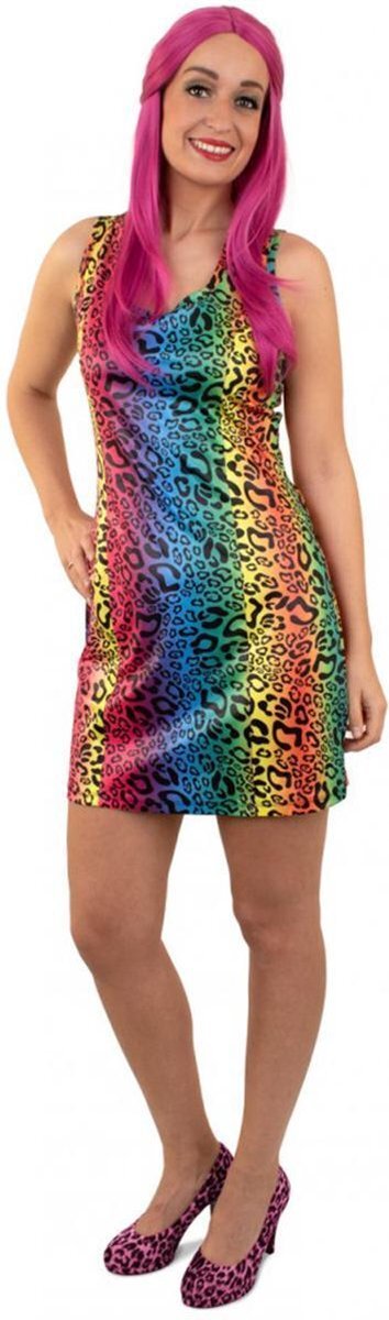 PartyXplosion Jurk regenboog panterprint - carnavalskleding dames - maat 38/40