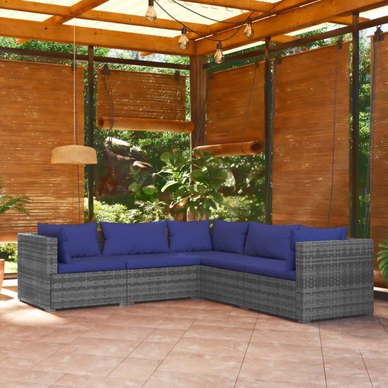 The Living Store Loungeset - Grijs - PE-rattan - Stevig frame - Modulair ontwerp - Comfortabele kussens