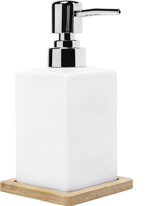 QUVIO Zeepdispenser voor handzeep - Met houten onderzetter - Zeeppomp - 300 ml - Wit