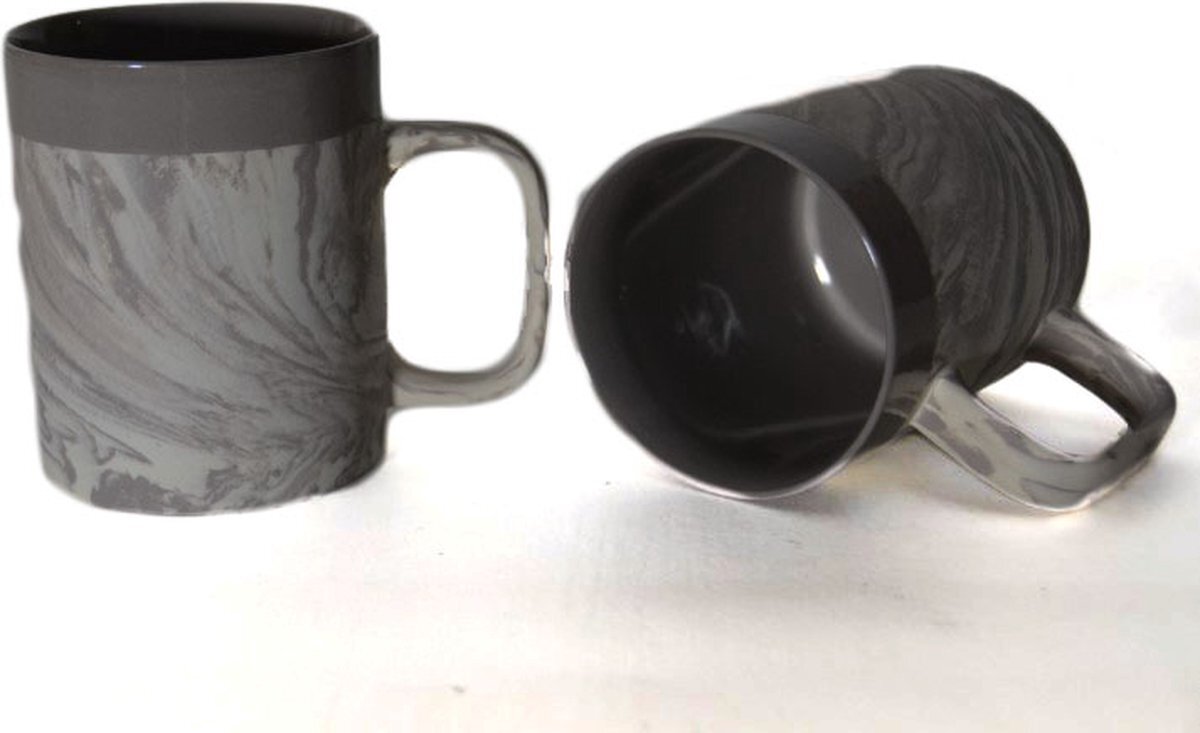 Floz Design Floz koffiekop stoneware - mix van ruw steen en glad aardewerk - marmerlook - grijs wit - fairtrade - set van 2