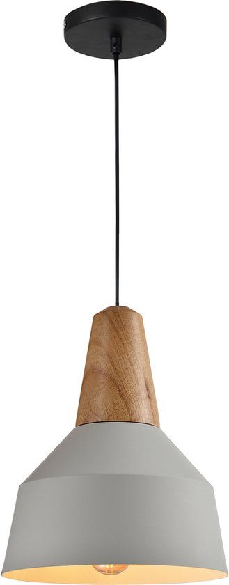 QUVIO Hanglamp Scandinavisch - Metaal en houten kop - Diameter 23 cm - Grijs en bruin