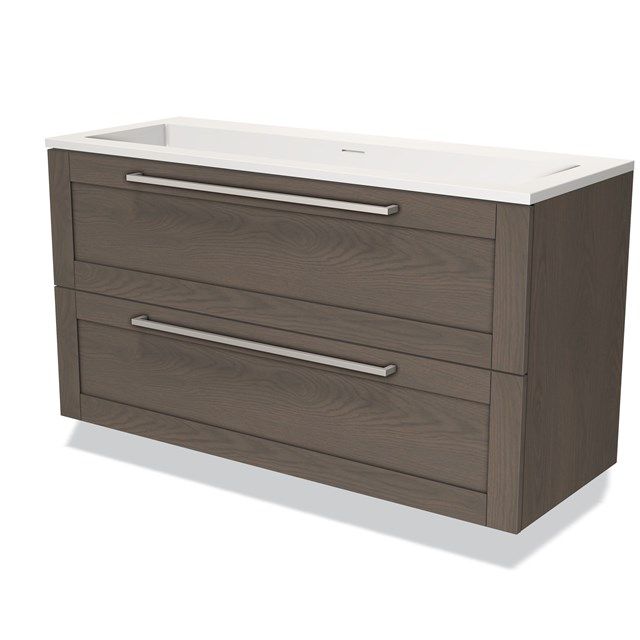 Maxaro Badkamermeubel 120cm Modulo Donkerbruin Eiken 2 Lades Kader Wastafel Solid Surface
