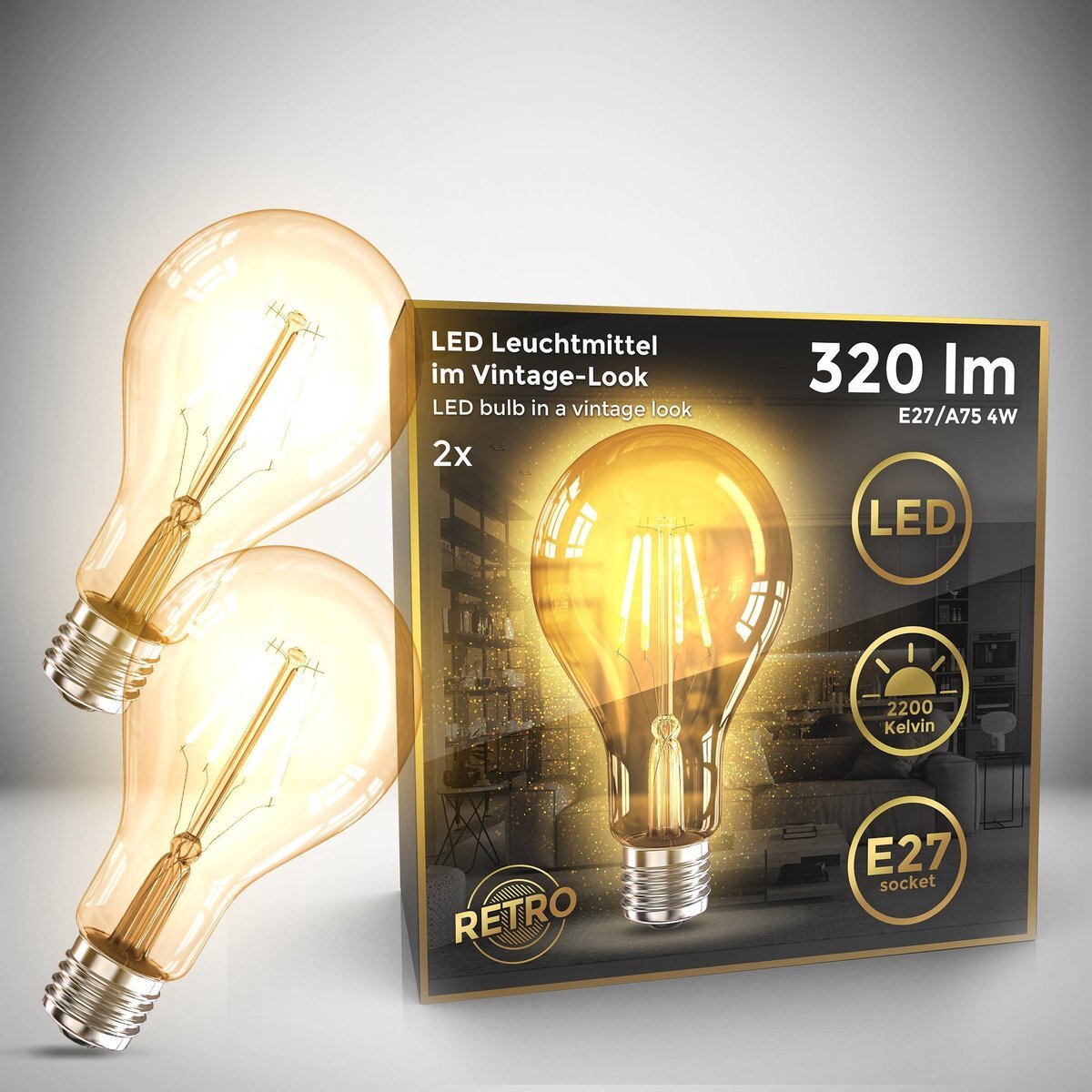 B.K.Licht - Led Lichtbron - filament - kooldraadlampen - globe - retro led lamp - E27 - A75 Edison - 2.200K - 4W - 320lm - amber kleur - set van 2