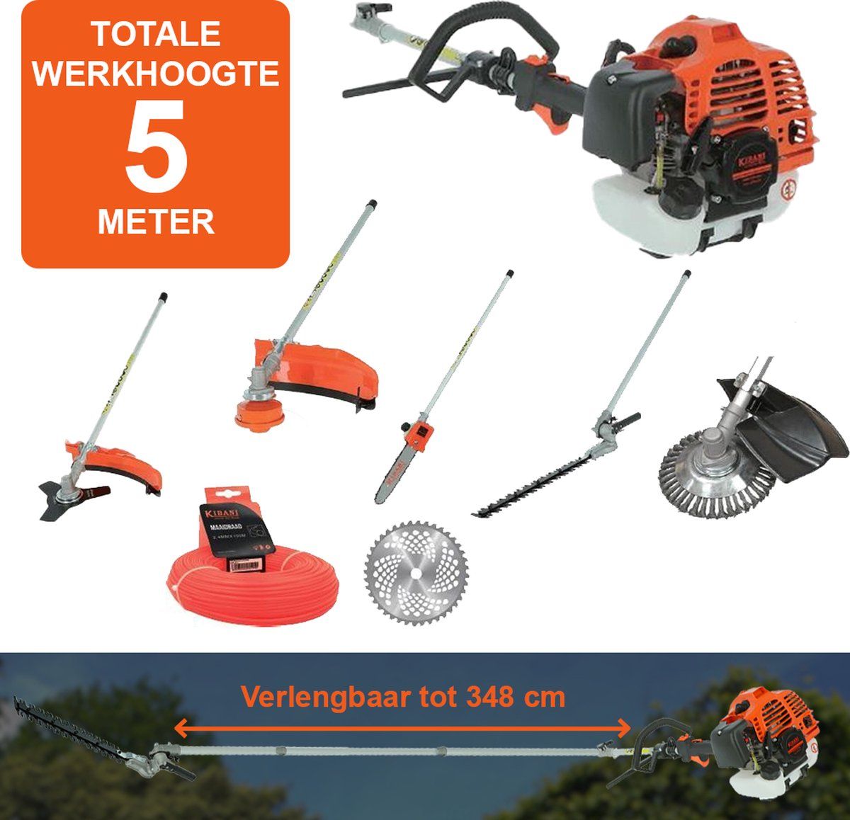 Kibani 6-in-1 Multitool XXL - 5 meter - 52 cc / 1.9 PK - Benzine