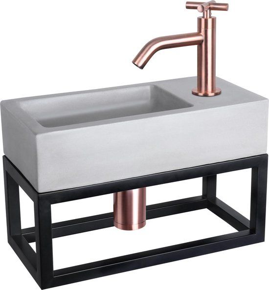 Differnz Ravo Fonteinset - Beton - Lichtgrijs - Gebogen Kraan - Rood Koper - 38.5x18.5x9cm - Met Handdoekrek - Zwart