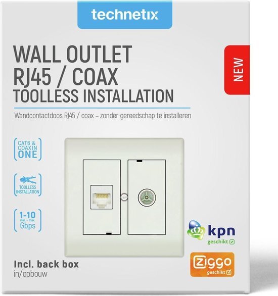 Technetix CL50 Coax IEC M + RJ45 Complete Walloutlet Toolless Install