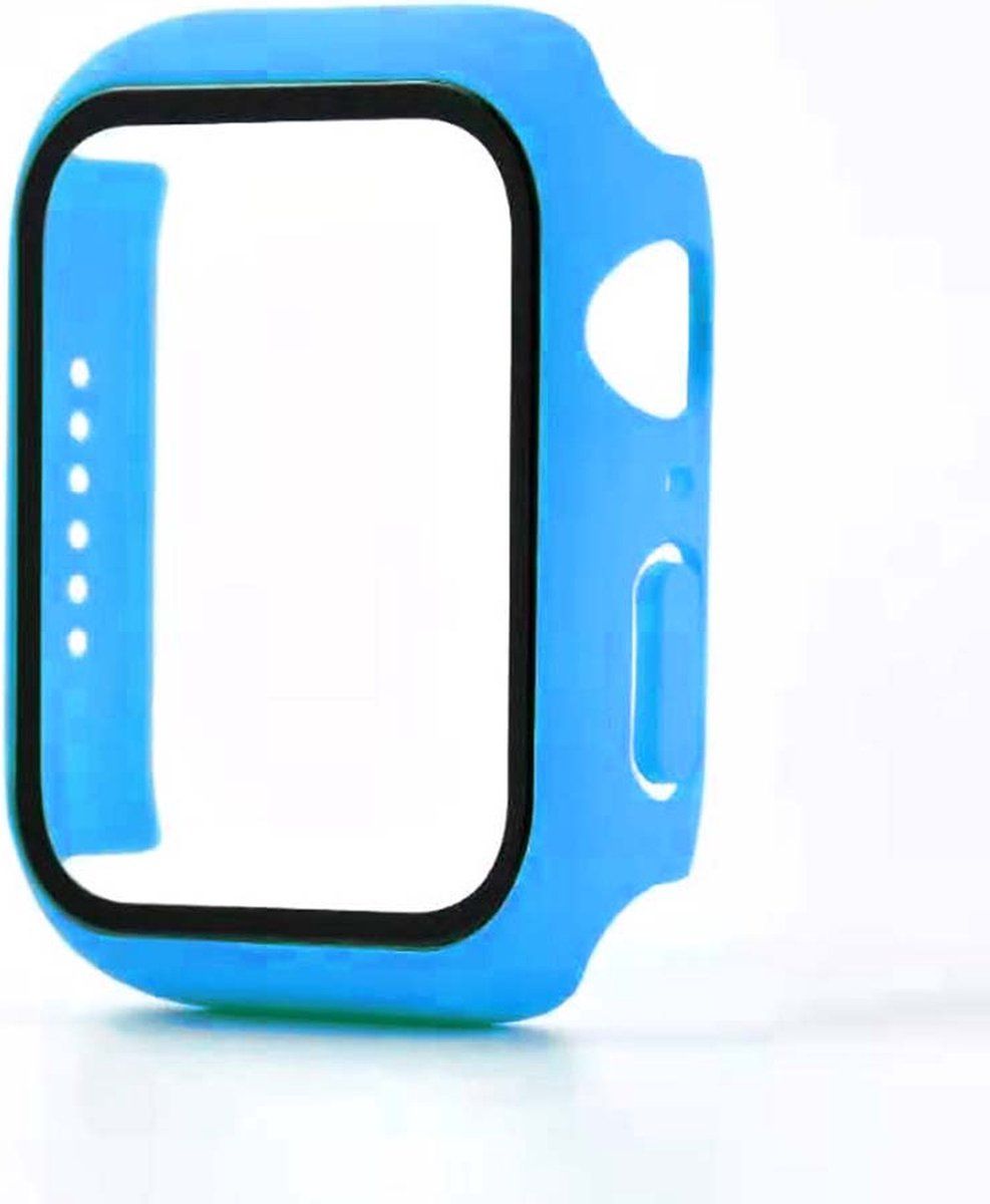 Smartphonica Hoesje met glazen screenprotector voor Apple Watch 45mm - Lichtblauw