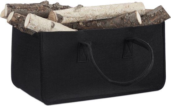 Relaxdays Houtmand van Vilt - Haardhout Tas - Draagtas - Vilttas - Flexibel - Opbergmand Zwart
