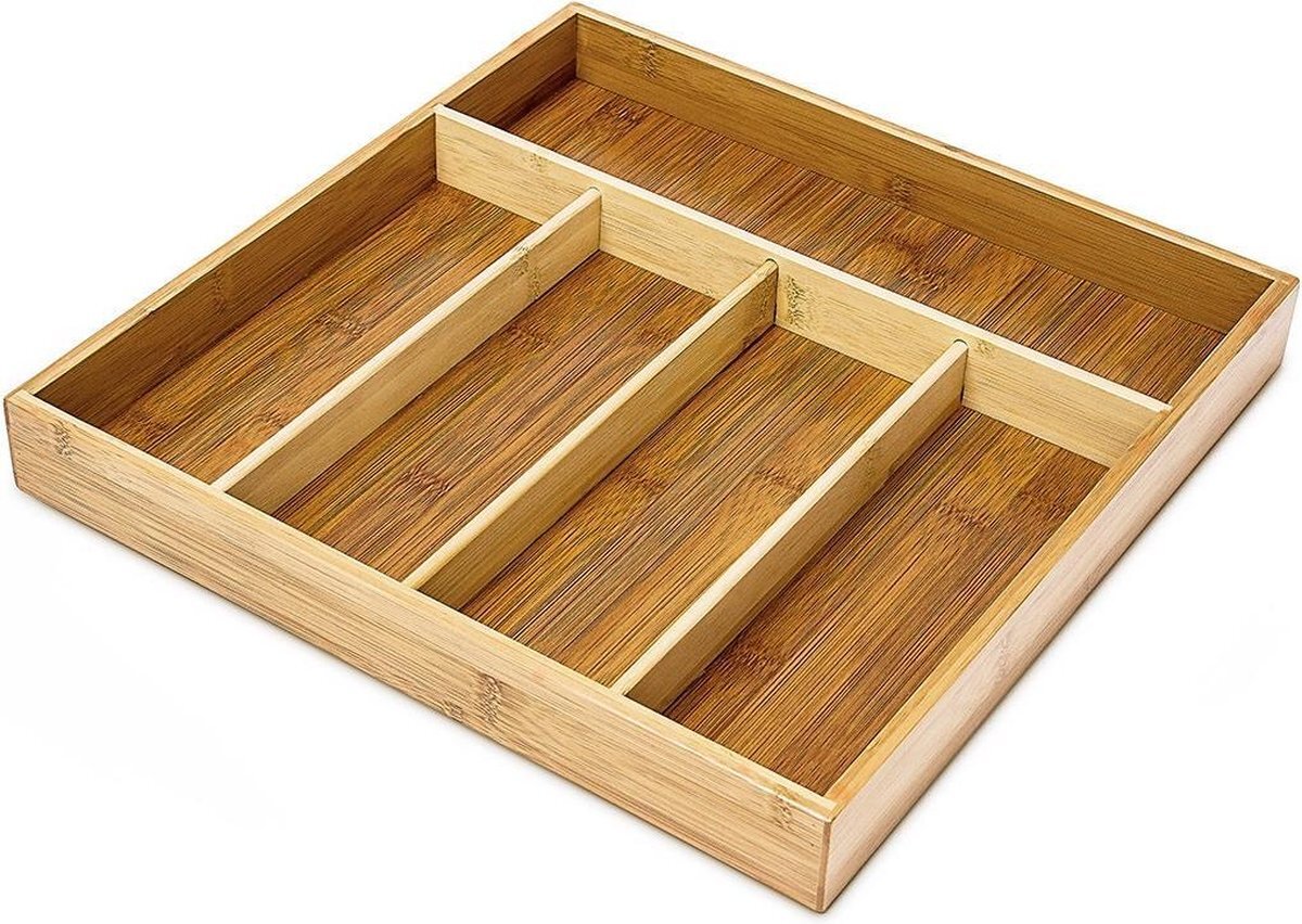 Relaxdays Bestekbak met 5 vakken (h x b x d): ca. 4 x 34 x 33,5 cm, bestekbak van bamboe als ladeorganizer en besteklade, grote ladenkast van hout, onderhoudsvriendelijke bestekbox, naturel