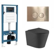 QeramiQ Dely Toiletset - inbouwreservoir Qeramiq Flush - slim zitting - metaal messing geborstelde bedieningsplaat - ronde knoppen - mat zwart