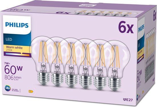 Philips LED Lamp E27 - 7W - 806 lm - Warm White - 6 Pack