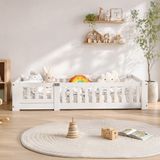 Yelenaro 90 x 200 cm Kinderbed vloerbed, Montessori-bed met veiligheidshek en lattenbodem, Eenpersoonsbed voor tieners, Massief hout, Wit