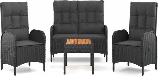 vidaXL 4-delige tuinset met kussens poly rattan zwart