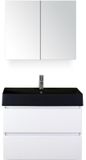BES LED Maxx XL Badmeubelset 80 cm - Wit Hoogglans - Wastafel Kube Zwart 1 Kraangat met Spiegelkast